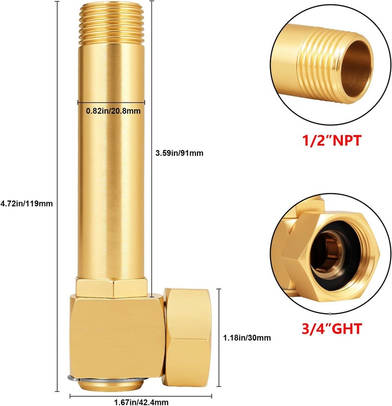 SIGURANTA تركيب بديل لفائف خرطوم الحديقة، نحاس 3/4" GHT أنثوي إلى 1/2" NPT ذكر محول كوع دوار (طول 4.72 بوصة 2 قطعة) - Image 2